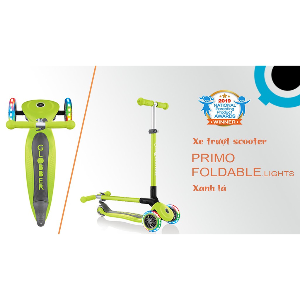 Xe trượt scooter 3 bánh GLOBBER PRIMO FOLDABLE LIGHTS cho trẻ em từ 3 đến 6 tuổi - Xanh lá