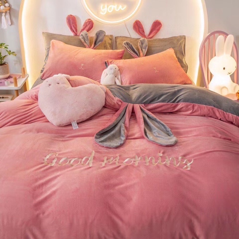 bộ chăn ga gối nỉ nhung tai thỏ cao cấp