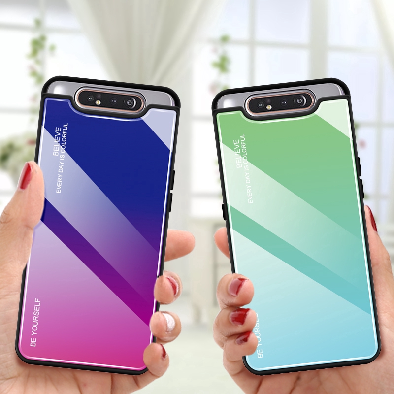 Ốp điện thoại kính cường lực màu ombre độc đáo cho Samsung Galaxy A80 Note 10 Pro 8 9 S10 Plus