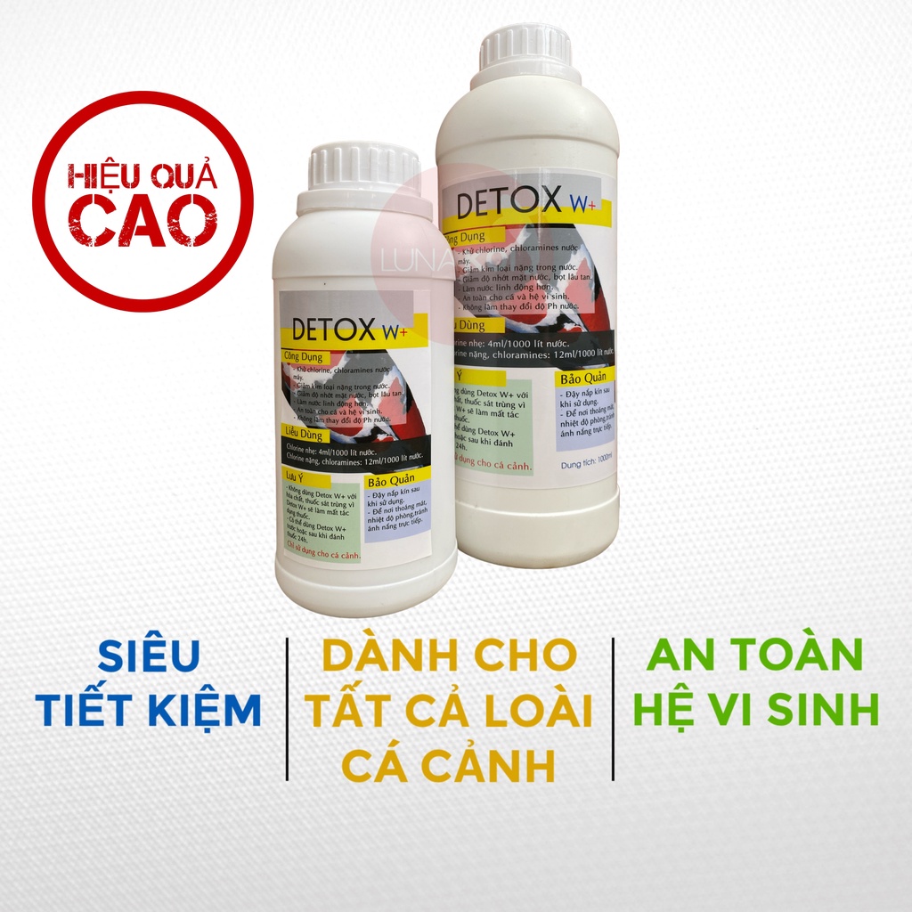 Detox W+ khử Clo nước máy, giảm kim loại nặng hồ cá cảnh, cá Koi, cá vàng, cá rồng, cá la hán, cá betta, cá bảy màu