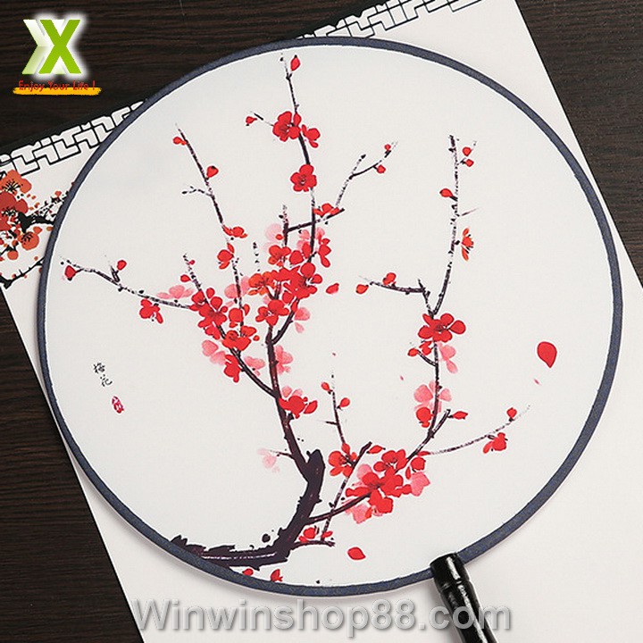 Quạt tròn cổ trang hoa mai đỏ loại nhỏ đường kính 21cm - Muasamhot1208