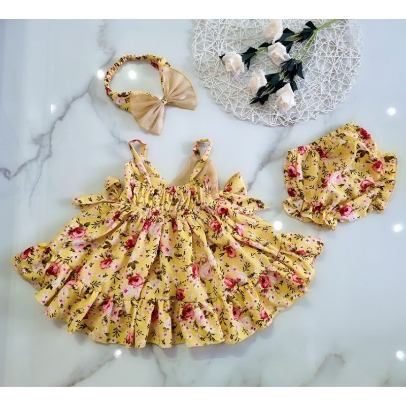Váy trẻ em -đầm hoa vàng rực rỡ cho bé từ sơ sinh đến 16kg kèm quần chip và tu ban