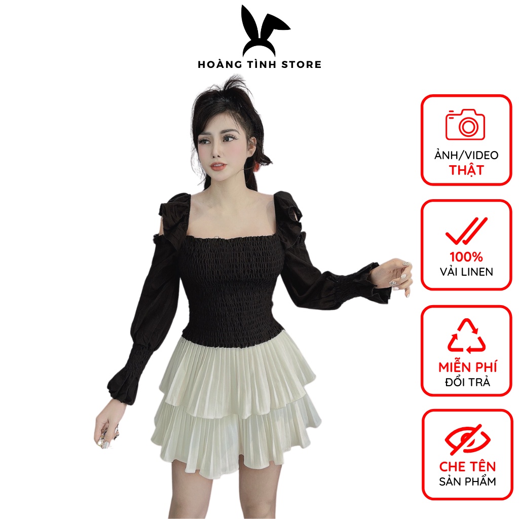 Áo trễ vai nữ tay bồng dáng ôm Hoàng Tình Store, áo hở vai tay dài sang chảnh, chất liệu vải linen cao cấp Freesize