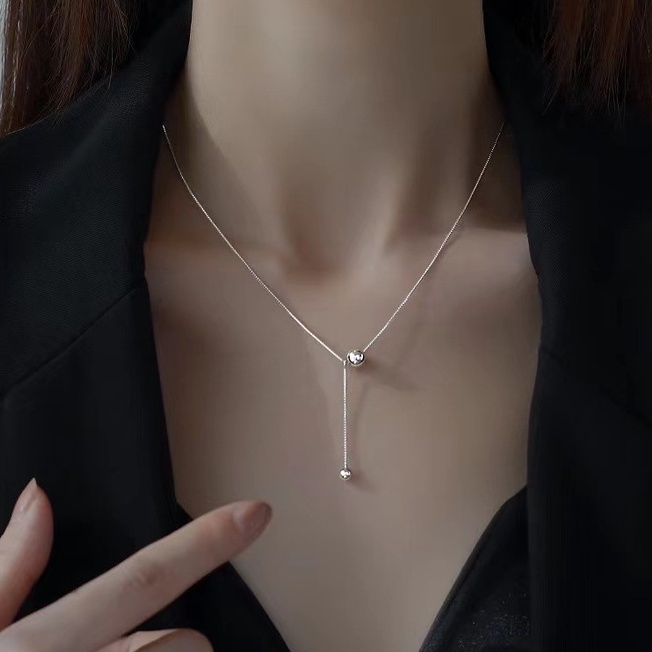 Dây Chuyền Bạc 925 Mặt Hạt Tròn Phối Tua Rua Kim Loại Bóng Cao Cấp Sang Trọng Cho Nữ