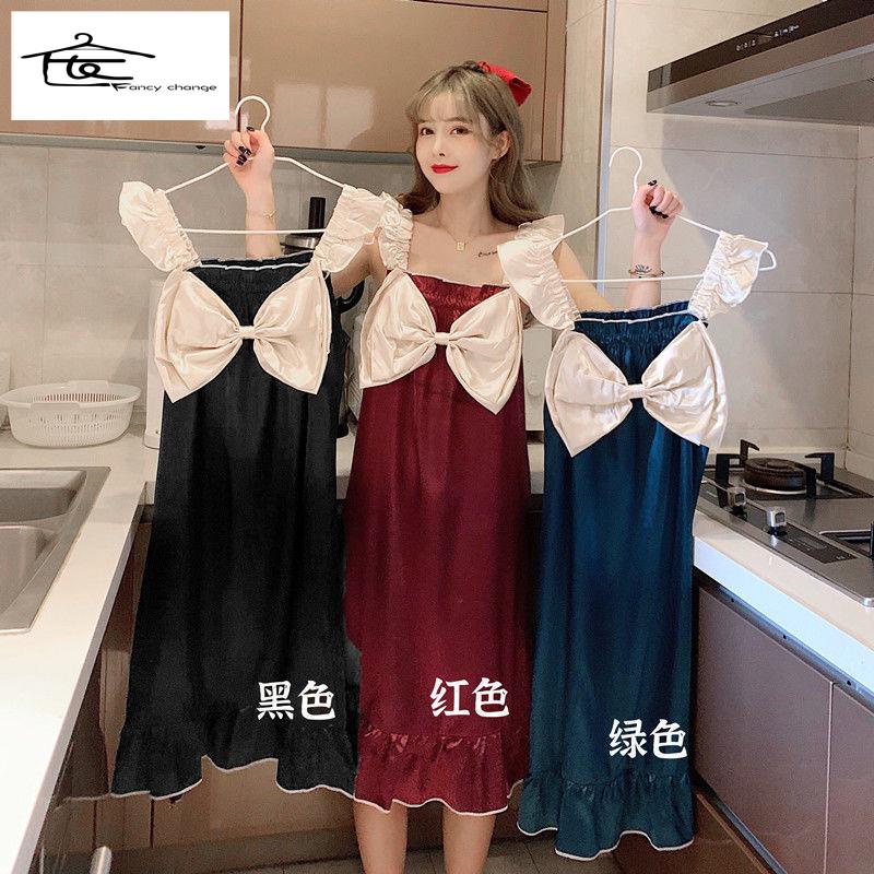 Đầm Ngủ Hai Dây Bằng Lụa Băng Đính Nơ Dễ Thương Dành Cho Nữ