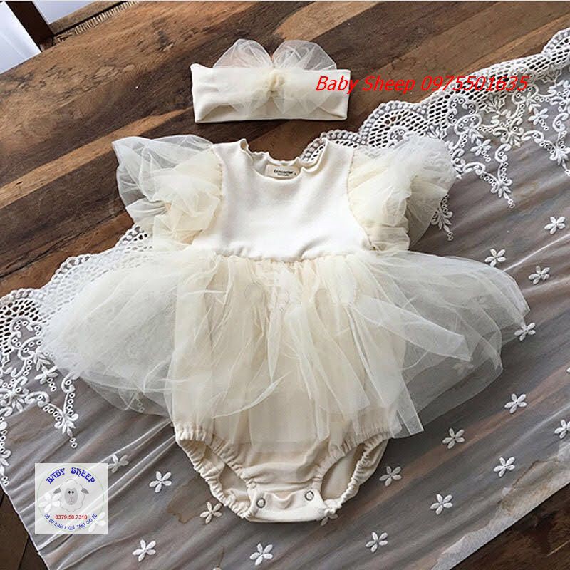 Váy body tiểu thư công chúa tay bồng váy xòe màu trắng và be Baby Sheep cho bé 0-2 tuổi hàng cao cấp