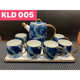 BỘ ẤM CHÉN PHA TRÀ CÀ PHÊ KÈM KHAY, BỘ CỐC CHÉN PHA TRÀ CAFE KÈM KHAY XANH NGỌC VIỀN VÀNG KLD-005