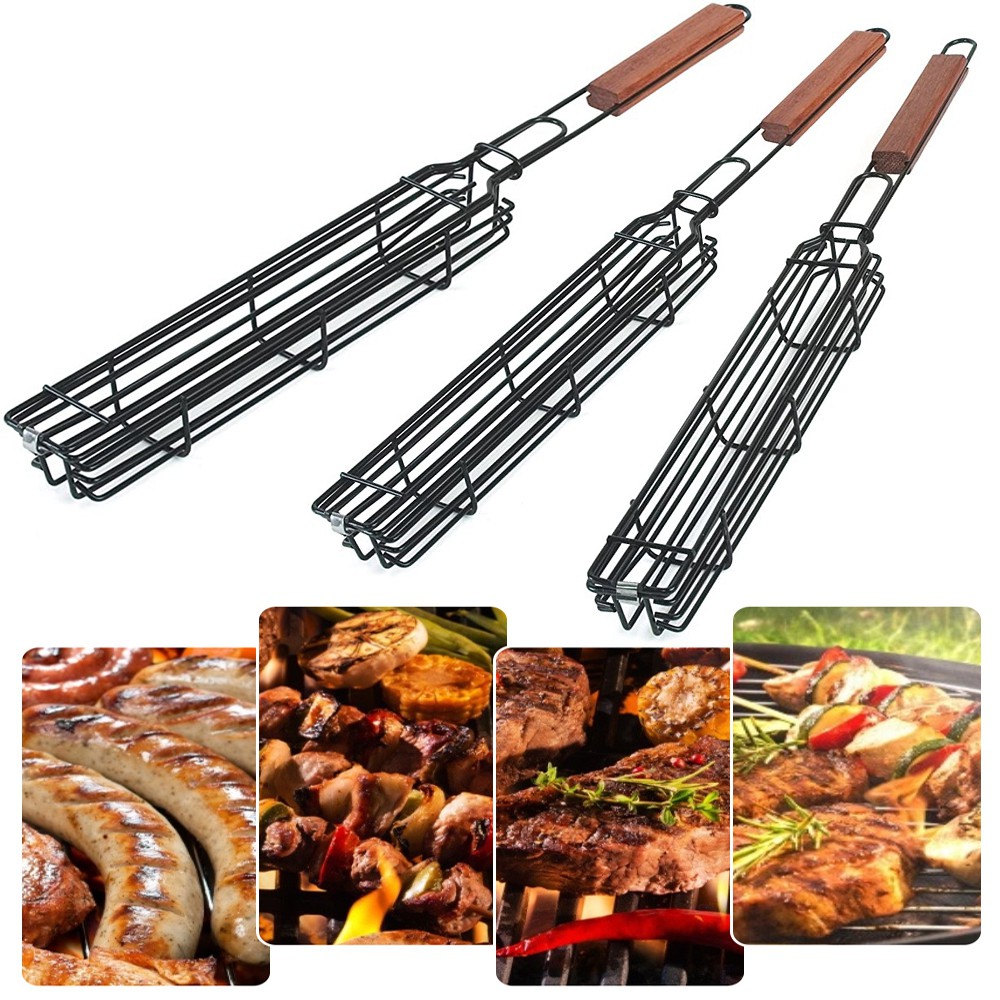 Vỉ Nướng Thịt Bbq Tay Cầm Gỗ Chống Dính Tiện Dụng Mang Theo Dã Ngoại