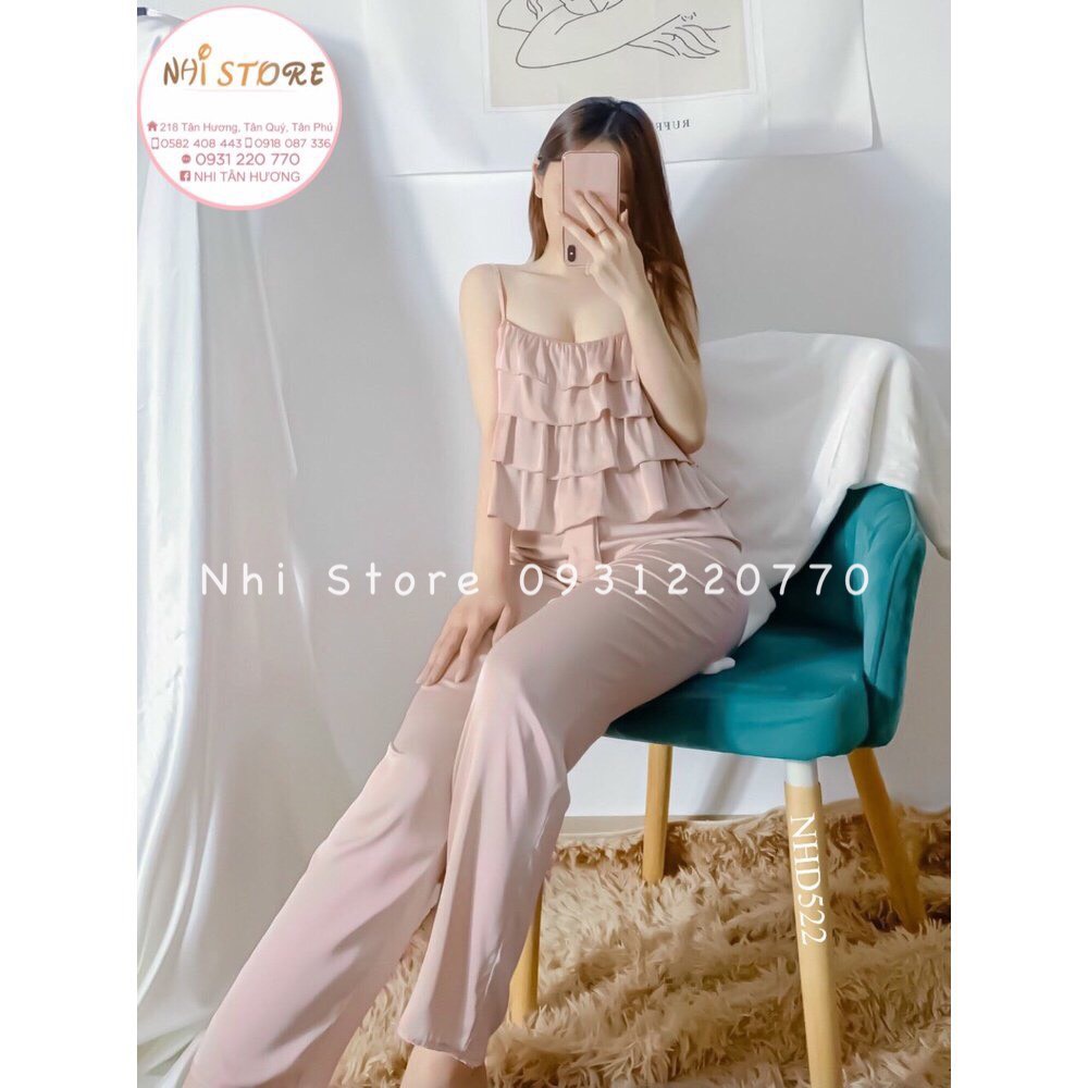 (Freeship 50k) Đồ Bộ Lụa -Bộ Lụa Áo 2 Dây Bèo 4 Tầng  Quần Dài Ống Rộng Freesize Dưới 57kg