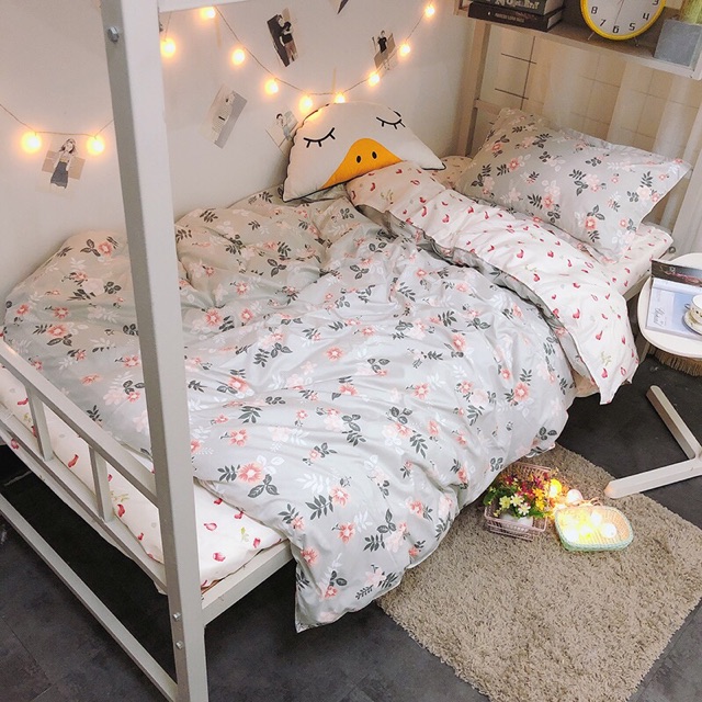 Set Chăn Ga Cotton Poly Hoa Nhí Xám Hàng Chuẩn Xuất Nhập Shinbedding.shop