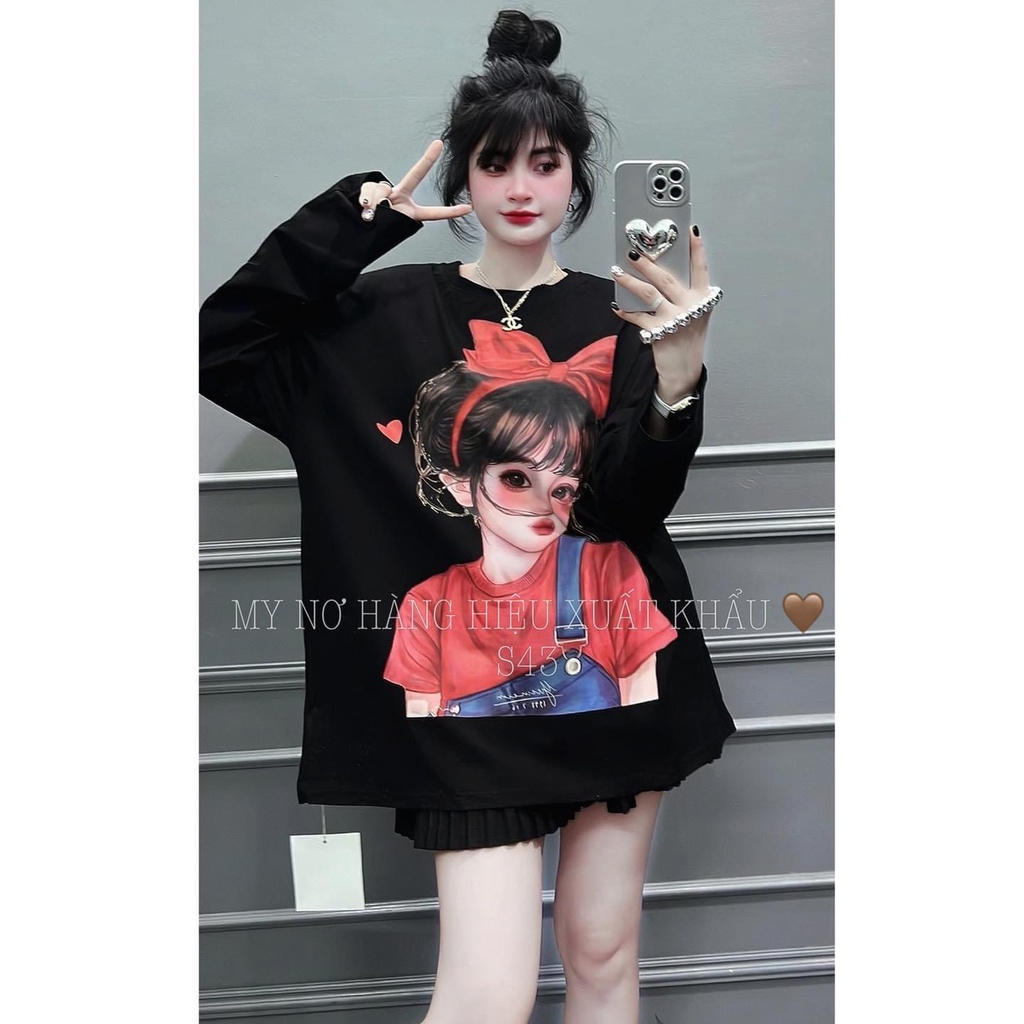 Áo phông tay dài in hình pet cô gái form dài rộng hình net hàng hot vanmiushop