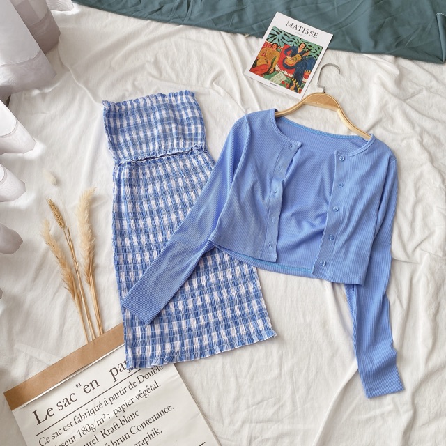 [Mã 2611THTRANG100K hoàn 10% xu đơn 99K] SET ĐẦM CARO KHOÉT EO KÈM KHOÁC XANH | BigBuy360 - bigbuy360.vn