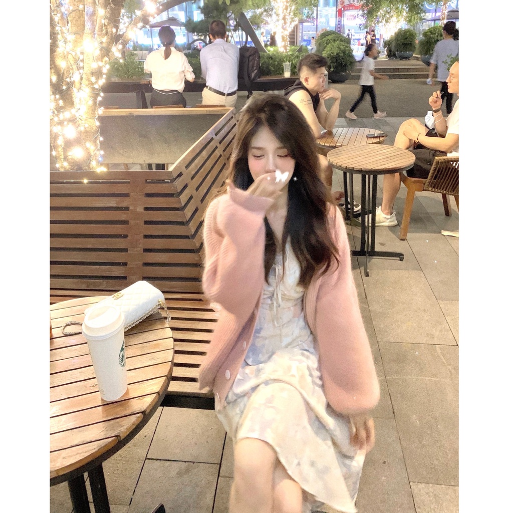 ĐẦM MÙA THU THIẾT KẾ CỔ V NHÚN NGỰC TIỂU THƯ + KHOÁC CARDIGAN ULZZANG - KÈM ẢNH THẬT
