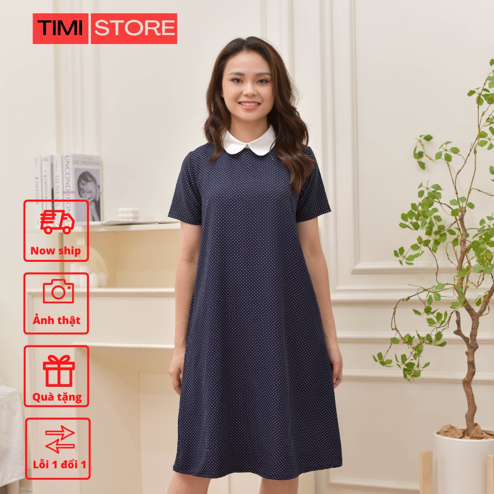 Đầm Bầu Thiết Kế-Váy Suông TiMi chấm bi xanh dáng suông phối cổ trắng tay cộc chất vải chéo thái size 40-100kg TM031