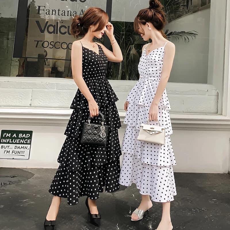 Đầm max hai dây chấm bi nhiều tầng eo chun siêu xinh