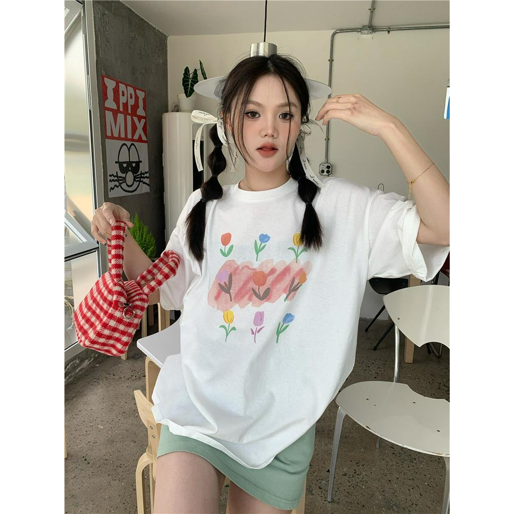 Áo Thun Dáng Rộng Ngắn Tay In Hình Hoa Tulip Thời Trang Cá Tính 61822