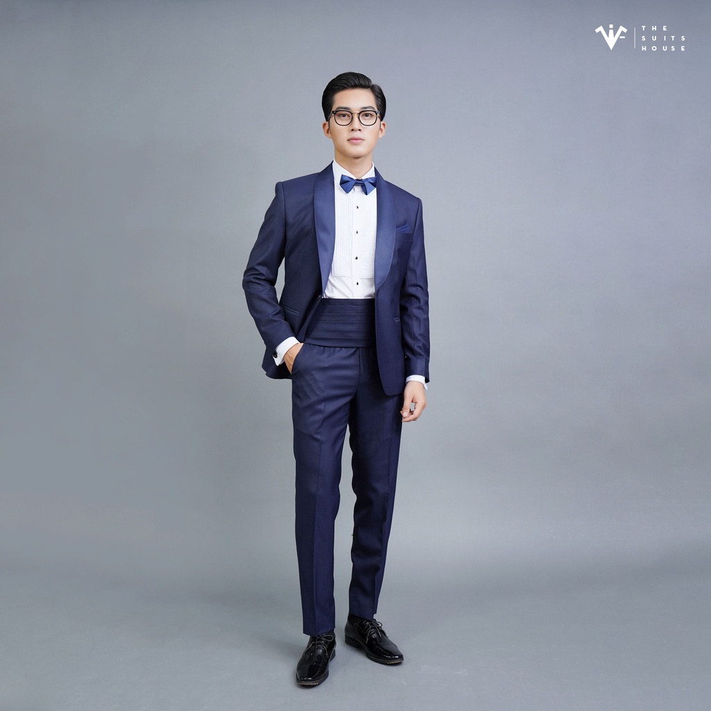 Bộ tuxedo nam xanh đen cổ sam 1 khuy, chất Wool, chuẩn form The Suits House