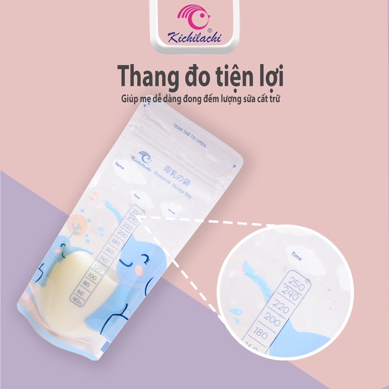 Túi trữ sữa 250ml Kichilachi hình chú voi, túi đựng sữa khóa ziper chắc chắn - 50 Túi/Hộp