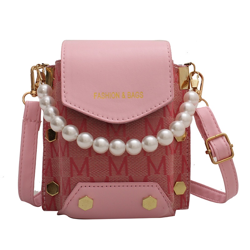 Túi đeo vai đựng điện thoại hình vuông đính ngọc trai thời trang mùa thu 2021