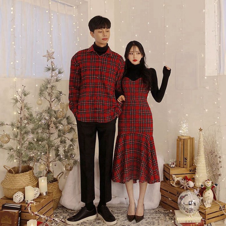 Đồ đôi nam nữ 💖𝑭𝑹𝑬𝑬𝑺𝑯𝑰𝑷💖 Áo cặp váy sơ mi thời trang couple hàn quốc sọc kẻ caro màu đỏ 2 dây đẹp AV32