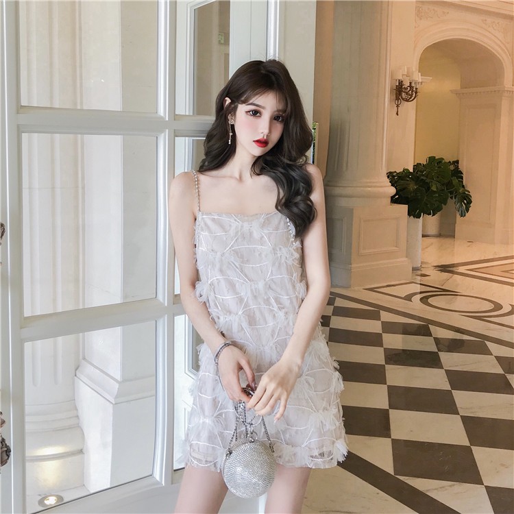 Đầm 2 dây nữ ren lưới sợi tua rua ulzzang