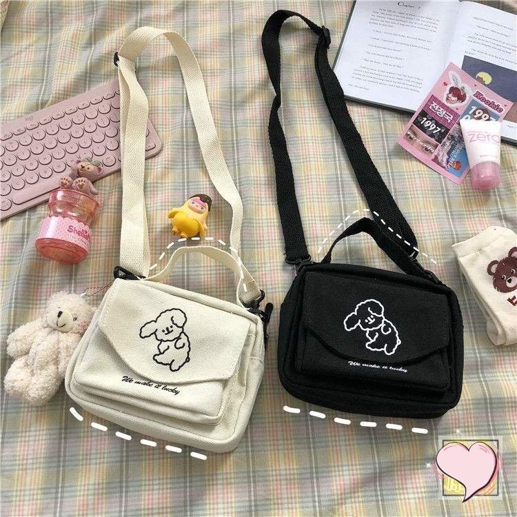 Túi canvas đeo chéo thêu hình chú cún thêu ngộ nghĩnh đáng yêu phong cách Harajuku Nhật Bản thời trang UNIBAG