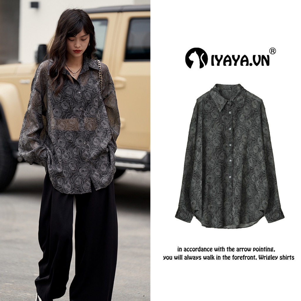Áo Sơ Mi Chống Nắng Cổ Polo Họa Tiết Hoa Hồng Dập Nổi Màu Đen Phong Cách Preppy Cổ Điển Thời Trang Mùa Hè