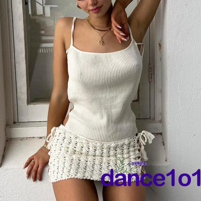 Áo Tank Top Hở Lưng Dệt Kim Khiêu Vũ1O1-Y2K Cho Nữ