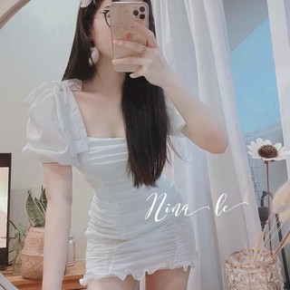 Đầm tay phồng nhún eo