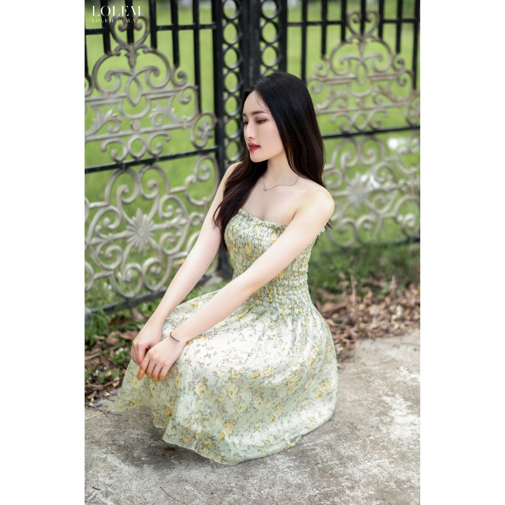 Set váy tơ hoa xước đầm cúp nhún ngực kèm áo khoác LOLEM SV228