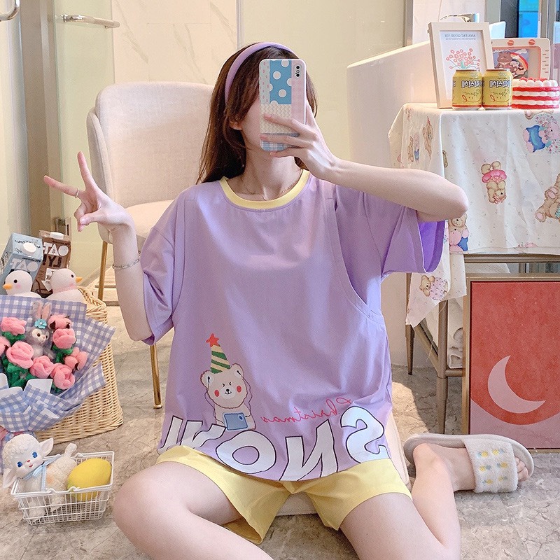 Bộ đồ bầu đùi cộc tay chất cotton với họa tiết in hình dễ thương mặc bầu và sau sinh BĐ866
