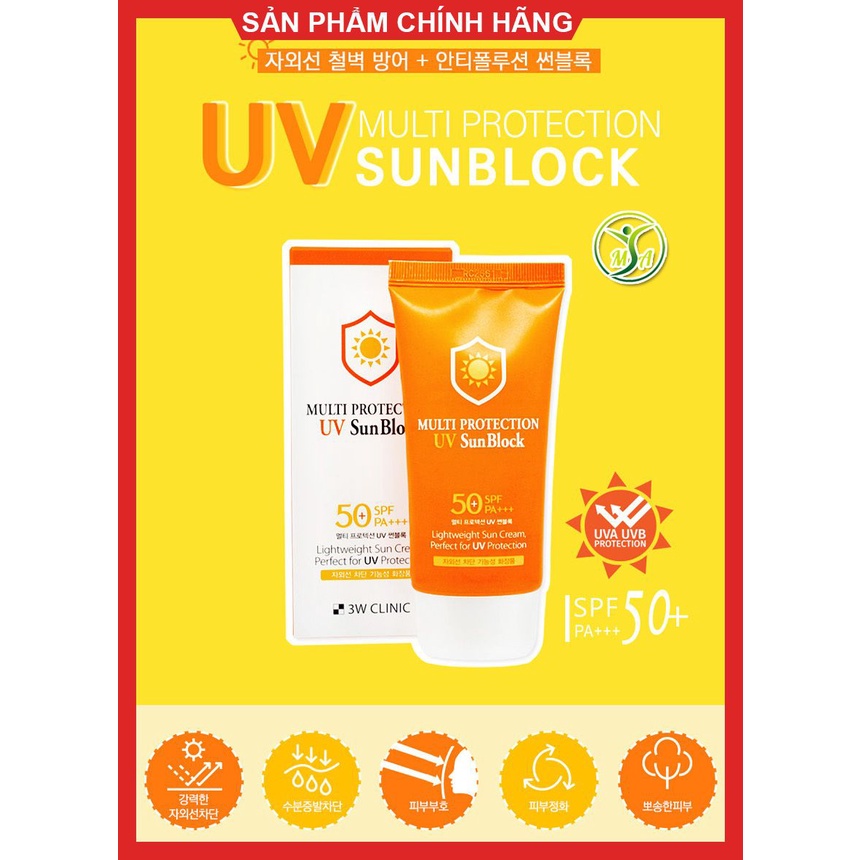 Kem chống nắng trắng da, lên tông, kiềm dầu Multi Protection Uv Sun Block 3W Clinic Hàn Quốc 70ml- TRẮNG