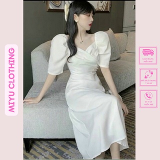 Váy đi tiệc đầm dự tiệc đẹp dáng xòe cao cấp tay bồng thắt eo chất liệu cotton gân mịn 2 lớp MiyuClothing