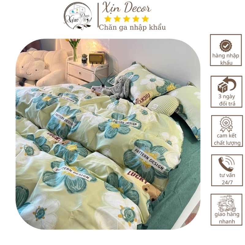 Bộ ga gối và vỏ chăn Cotton Poly nhập khẩu mẫu Hoa Xanh Lucky