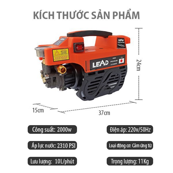 Máy rửa xe gia đình mini LEAD LE389 máy phun áp lực cao áp Công suất 2000w, Công nghệ Nhật