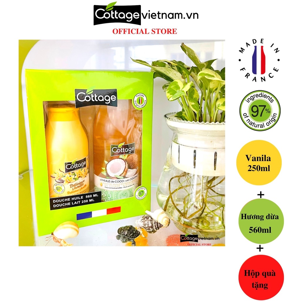 Combo Hộp Quà Tặng 2 Món sữa tắm Dưỡng ẩm Cottage 250ml Hương Vani và 560ml Hương dừa