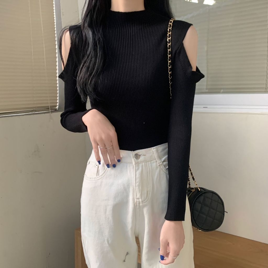 Áo Len Tay Dài Cổ Cao Hở Vai Thời Trang Cho Nữ