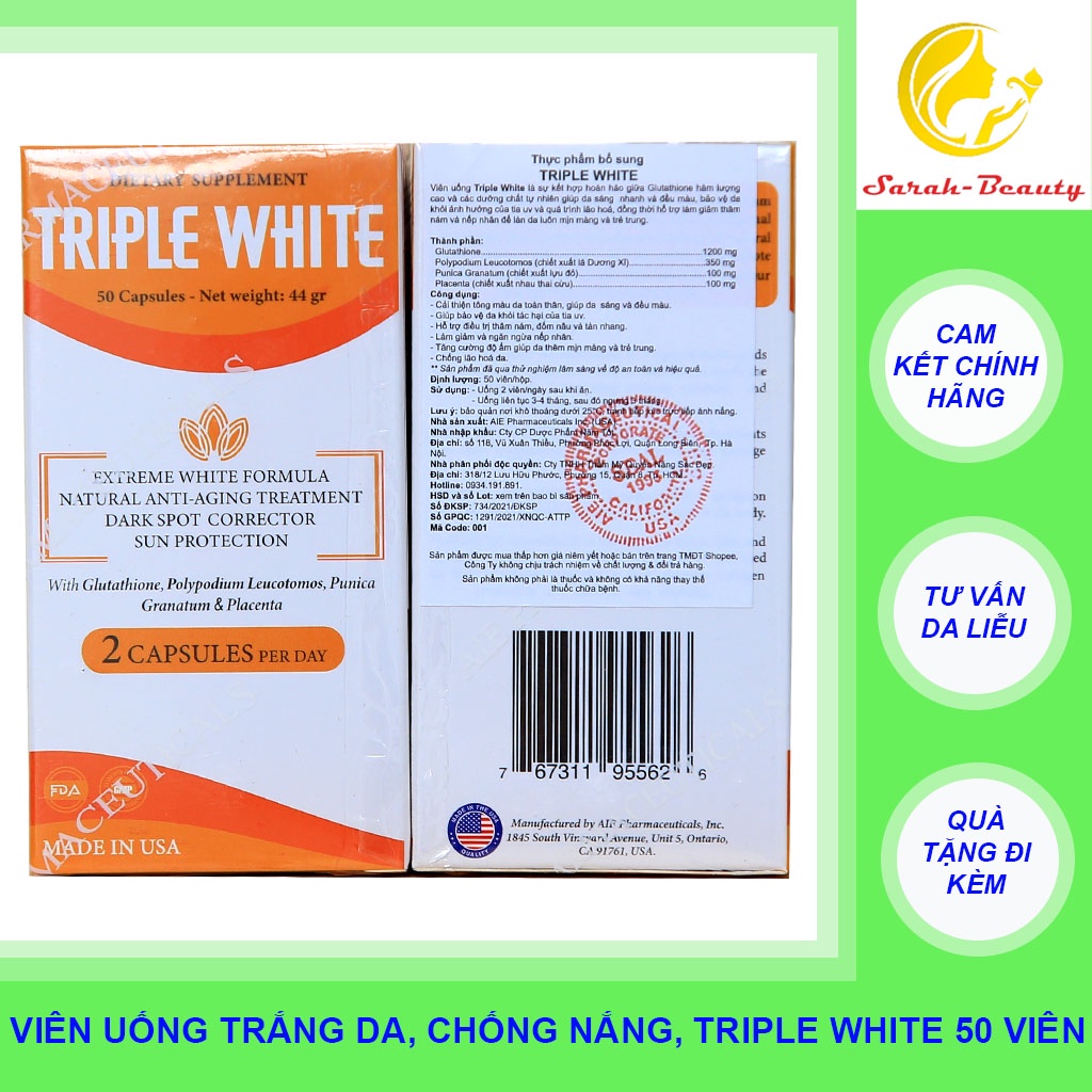 Chính hãng viên uống trắng da, chống nắng, ngừa nám triple white hộp 50 - ảnh sản phẩm 7