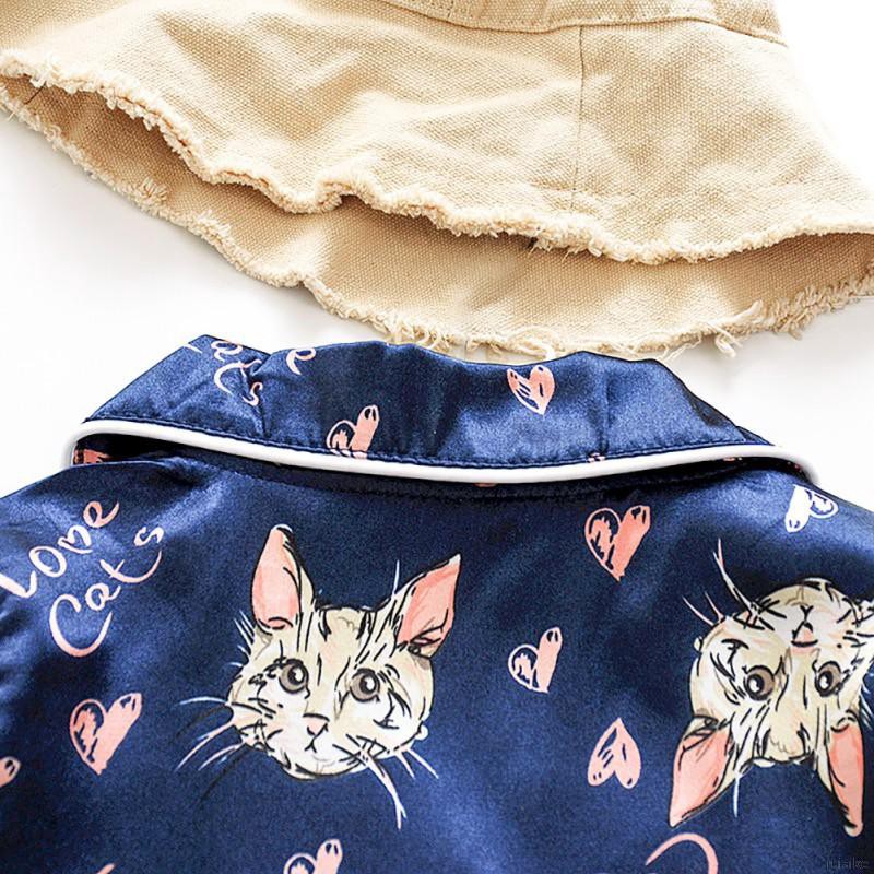 Bộ Đồ Ngủ Pijama Dài Tay In Hình Mèo Hoạt Hình Cho Bé