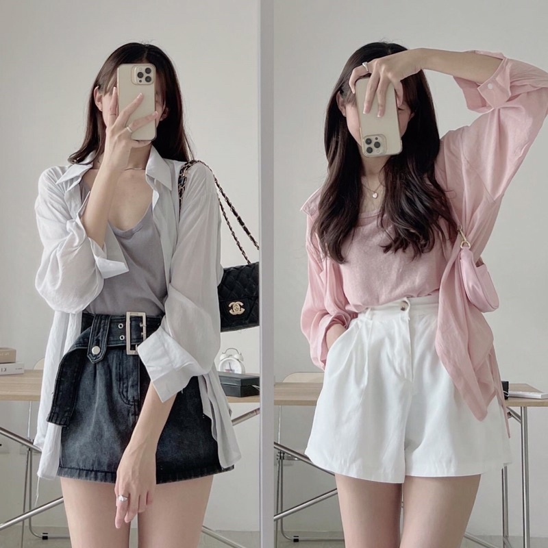 [Hàng chất lượng]Set sơ mi kèm áo hai dây”Decheeep” chất tơ xước Quảng Cháu