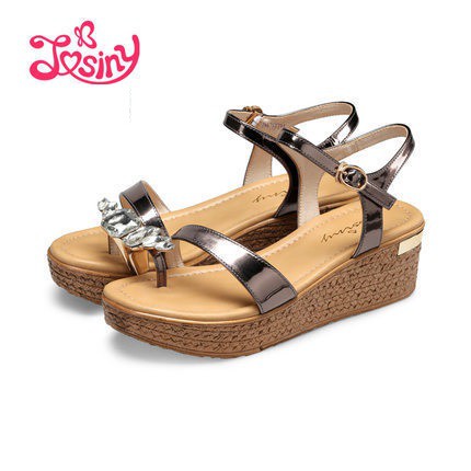 Sandal đế xuồng Josiny quai đính đá chất da bóng sang trọng, cao 5cm (size 37, 38)