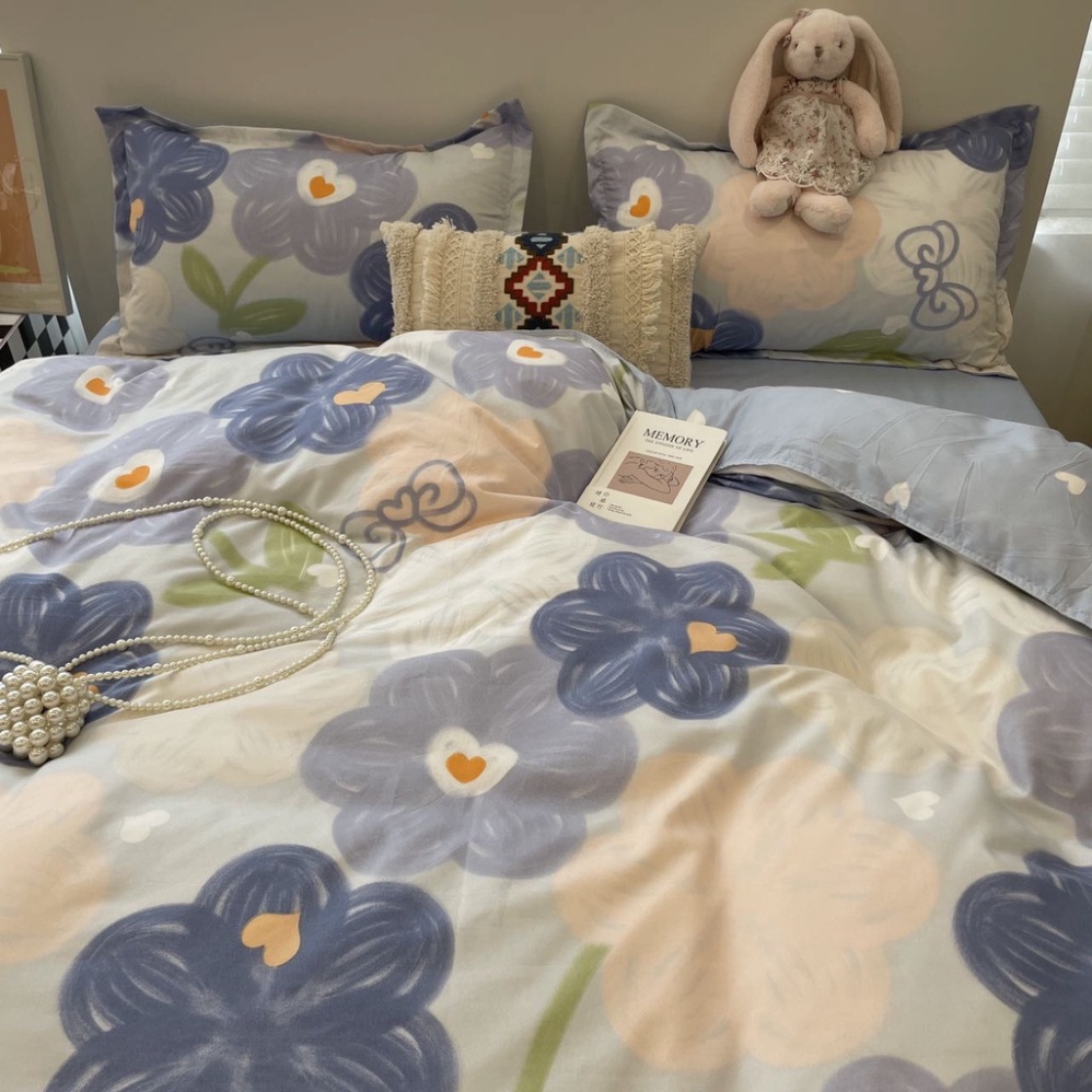 Bộ chăn ga gối cotton poly phong cách dễ thương - Mẫu hoa sáp xanh Drap Giường Đủ Kích Thước Trải Nệm 1m, 1m2, 1m4, 1m6,