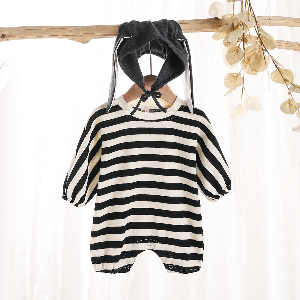 Bộ Áo liền quần Kẻ Sọc + Mũ Tai Thỏ Dễ Thương Cho Trẻ Sơ Sinh