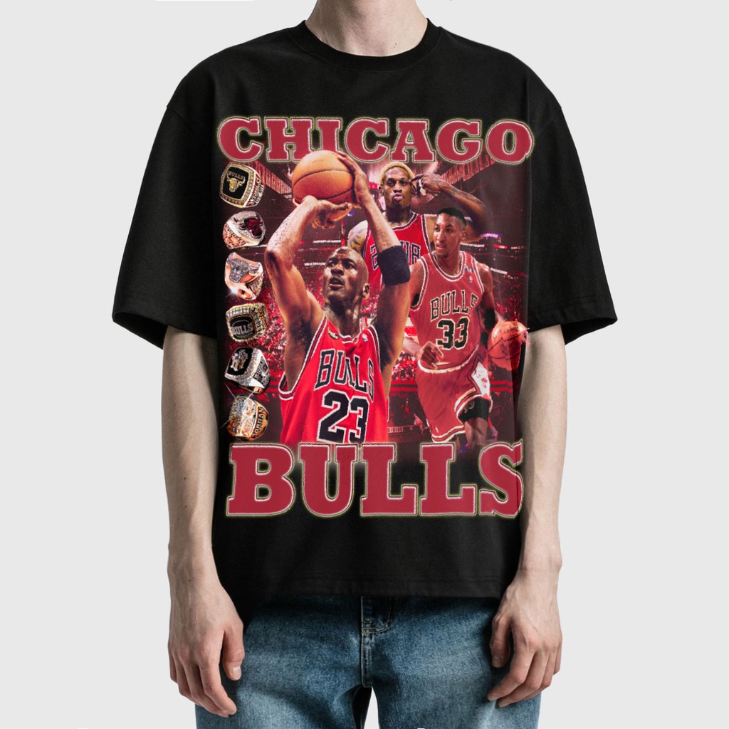 BLANK | Áo Thun CHICAGOBULLS Tay Lỡ Unisex - Đen/Trắng Cổ Tròn