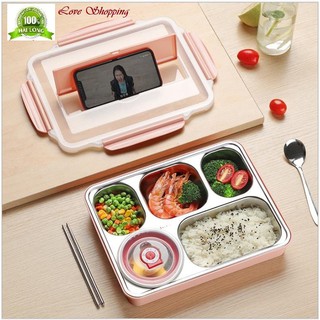 Hộp cơm văn phòng 5 ngăn chịu nhiệt lò vi sóng, có hộp đựng canh chống tràn và giá đỡ điện thoại tặng kèm đũa thìa inox