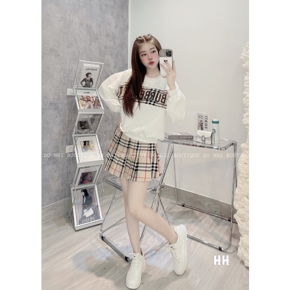 Set áo nỉ pha chữ dạ mix chân váy dạ xếp ly