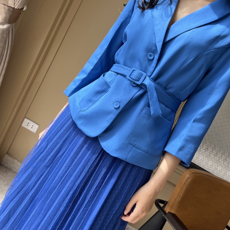 Set áo blazer chân váy xanh nước biển tôn da