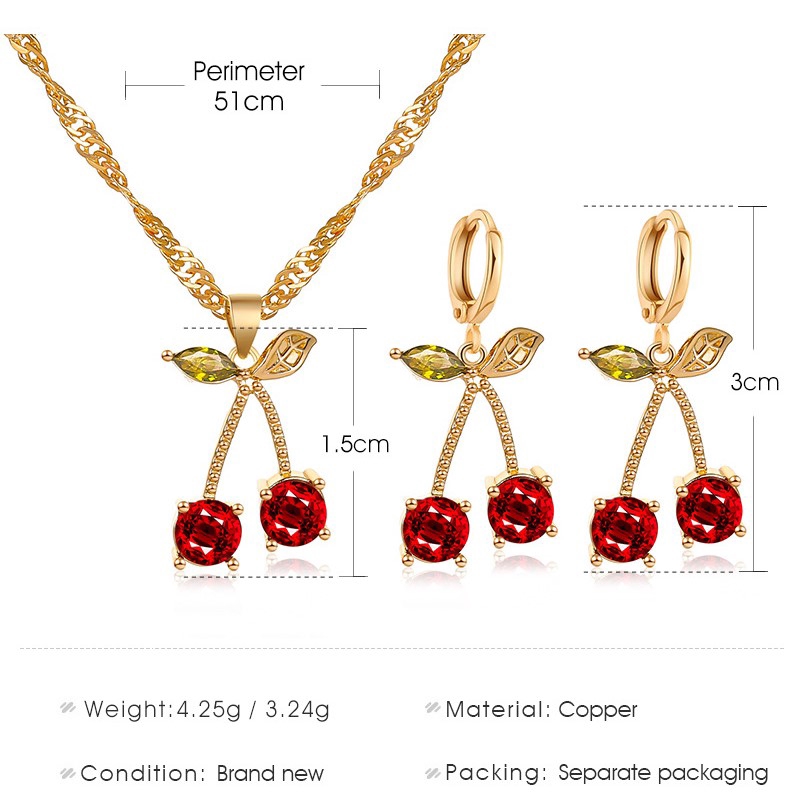 Bộ Trang Sức Gồm Dây Chuyền Và Bông Tai Mặt Quả Cherry Đính Pha Lê Đỏ Áo Thun Tay Ngắn Cổ Tròn In Hình Thời Trang Cá Tính