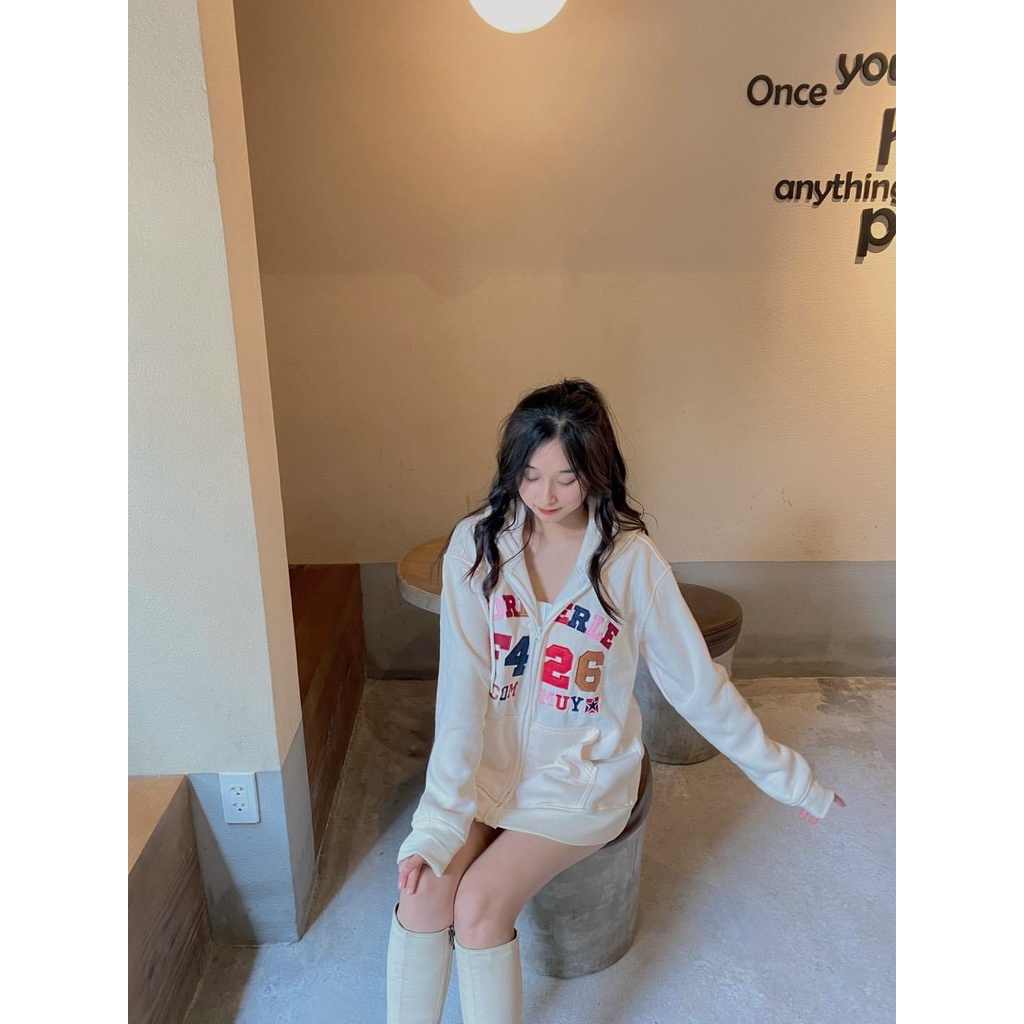 Áo Khoác Nỉ Nữ F426 Mũ 2 Lớp Áo Hoodie Nỉ Form Rộng Tay Bồng Khóa Kéo