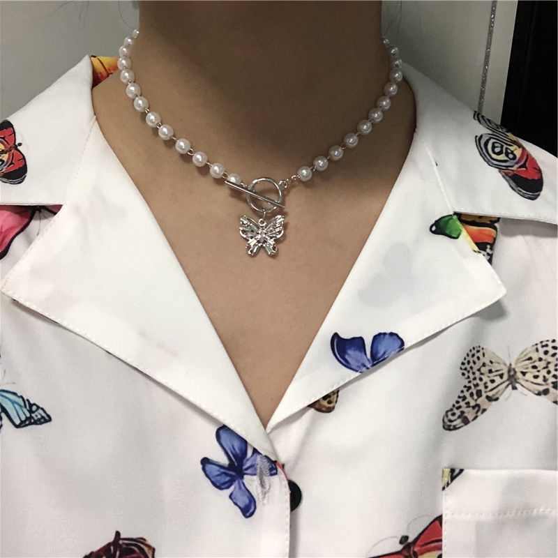 [Miễn Phí Vận Chuyển] Dây Chuyền choker Mặt Hình Bướm Khoét Rỗng Đính Đá Zircon Và Ngọc Trai Giả Phong Cách Harajuku Nhật Hàn Cá Tính 22395